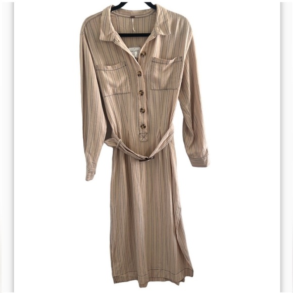 Free People Aubrey Belted Striped Shirtdress in Khaki Combo - Picture 6 of 14